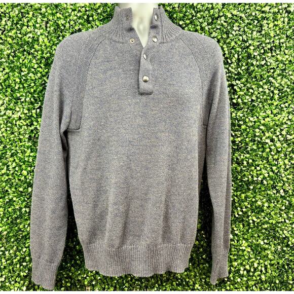Banana Republic Wool Sweater M Mock Neck Henley Merino Wool Grey Ribbed Preppy - Picture 2 of 8
